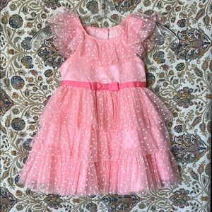 Jona Michelle‎ Coral Dot Dress w/Bow Tiered Ruffles Barbiecore Tulle 24M/2T